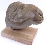 Clive Fredriksson, carved stone sculpture, ram's head on pine base, base length 27cm