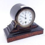 A 19th century birdseye maple ebonised drum-cased 30-hour mantel clock, base length 21cm