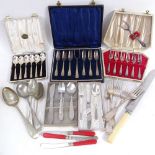A canteen of mixed plated cutlery, and a box of mixed cutlery, cased cutlery etc