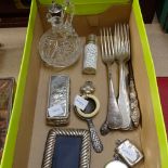 A box containing Art Nouveau silver box, silver and ivory baby's rattle, a silver-fronted photo