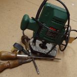 Various tools and construction parts, including Bosch POF400A, Stanley no. 4 1/2 wood working plane,