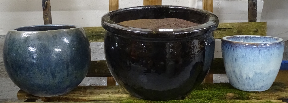 3 small glazed garden plant pots