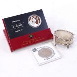 An early 20th century miniature silver jewel box, Royal Canadian Mint fine silver 10 dollar coins,