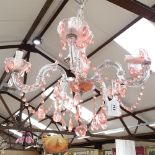 A Vintage pink and clear glass 5-branch chandelier, height 43cm