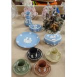 Wedgwood Jasperware coffee cans and saucers, boxes, and 3 Continental figures