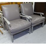 A pair of Danish lounge open armchairs, with grey lacquered frames and leather upholstery