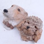 2 Studio pottery clay dog head sculptures, largest height 20cm (2)