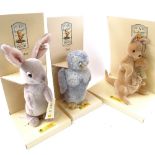 3 Vintage Steiff Classic Pooh toy animals, comprising Kanga and Roo, Rabbit and Owl, all in original