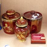 Carlton Ware Rouge Royale Dunhill jar and cover, height 14cm, ashtray, canister and jar