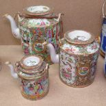 Graduated set of 3 Chinese Canton porcelain teapots and covers, tallest 18cm