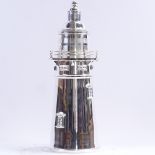 After James Dickson & Sons, modern silver plated lighthouse cocktail shaker, with pull-out end cap