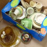 A box of 1930s china and glassware, and a tea tray etc