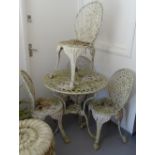 A white painted aluminium garden circular table, and 4 matching chairs