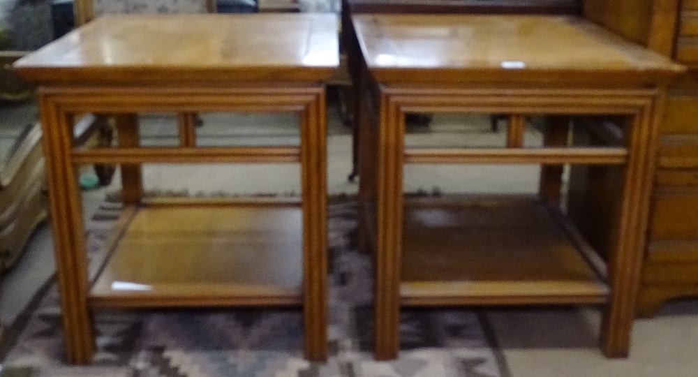 A pair of stained beech square 2-tier lamp tables, W60cm
