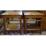 A pair of stained beech square 2-tier lamp tables, W60cm