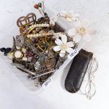 A box of mixed English and European costume jewellery, to include panel bracelet, golfing brooch,