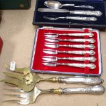 A cased set of 6 Old English pattern silver-handled cake knives, a cased plated 3-piece knife,