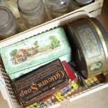 Various Vintage glass Kilner jars and advertising tins, including sweets and tobacco