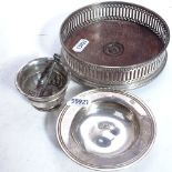 A silver plated wine coaster, a small modern silver dish, a small circular silver pot, retailed by