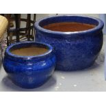 2 blue glazed circular garden pots