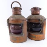 A pair of Antique copper ship's bulkhead lanterns, comprising port and starboard, by Simpson