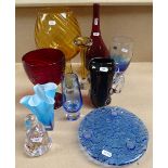 Various coloured glass vases and jugs, tallest 32cm