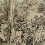 A 19th century French School pencil and crayon drawing, mutiny aboard, 30cm x 23cm, framed