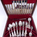 A mixed set of King's pattern cutlery, a set of 5 silver and green enamel coffee spoons, and a