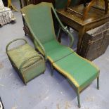 A green basket work steamer chair, and matching footstool/sewing basket