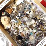 A box of mixed costume jewellery, buckle, cutlery etc