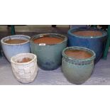 5 small glazed terracotta garden pots