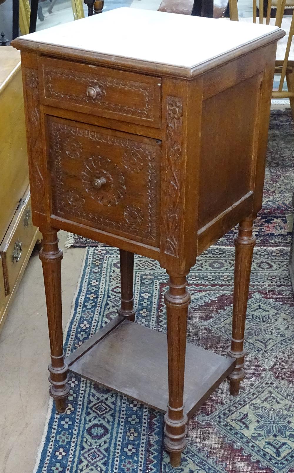 A French marble-top and chip carved pot cupboard, W37cm, H86cm