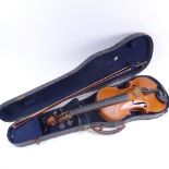 A French violin, labelled Soriot, length 59cm, with bow and hardshell case