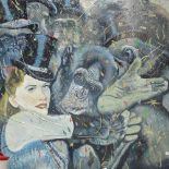 Clive Fredriksson, large oil on canvas, lady with Gorillas, 100cm x 100cm, unframed