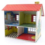 A Chad Valley M68 printed metal 4-room doll's house, together with a collapsible printed ply-board
