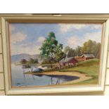 A Boudrier, oil on board, Continental lake scene, signed, 13" x 18", framed