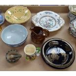 Doulton Flambe plate, pestle and mortar, hunting scene jug, and a Crown Devon musical tankard etc