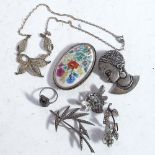 A box containing Ethnic pendant and brooch, silver jewellery, including a seed pearl brooch