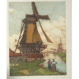 George Huardel-Bly, coloured etching, Dutch landscape with figures, pencil signed, 22cm x 17cm,