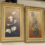 A pair of mid-century oils on canvas, still life flowers, 1 signed with initials WH, 60cm x 30cm,