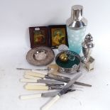 A Vintage cocktail shaker with plated mounts, cutlery, bottle stands, sugar sifter etc