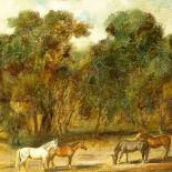 Raoul Millais, oil on canvas, horses by a lake, signed, 29cm x 39cm, framed
