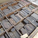 Collection of ink printing blocks, including letters and numbers in Vintage sectional tray