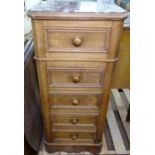 A French walnut and marble-top bedside chest, with 3 short drawers and fall-front, W40cm