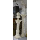 2 cream painted composite pedestals, in Grecian style, a small composite bust, and a figure of Pan
