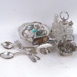 A box containing silver plated 4-bottle condiment stand, cutlery, sugar scuttle, fruit basket etc