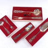 DAVID ANDERSEN NORWEGIAN - 4 cased silver serving spoons and forks, with pierced stylised finials,
