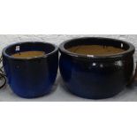 2 blue glazed terracotta circular garden pots