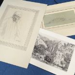 A folder of various pictures, including pencil sketches, lithographs, engravings etc