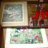 Various pictures, including Scotch Whisky advertising mirror, 2001 Royal Mail stamps prints etc